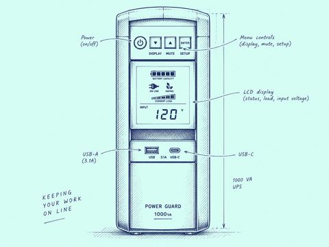 Blue line illustration of an upright UPS with labeled power and menu controls, an LCD status display, and USB ports.