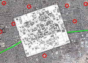 a sattelite image of Fallujah superimposed with a map of the UC Berkeley campus (to scale)