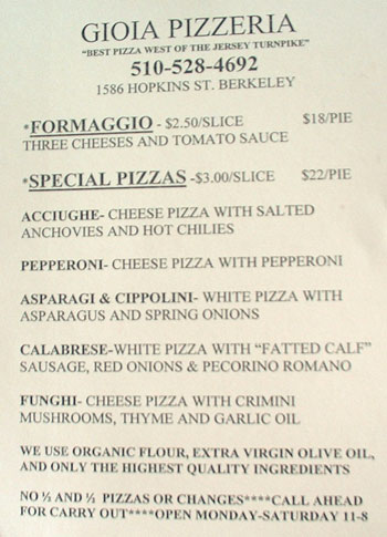 an image of the menu of Gioia pizzeria in Berkeley, CA