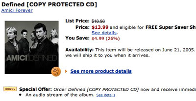 a screen shot of the band Amici Forever's CD Defined which has a copy protection label in the title of the CD