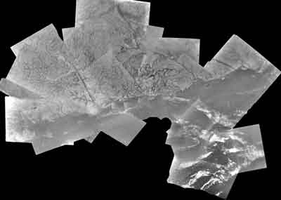black and white image taken from above of Titan during descent