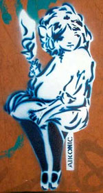 A stencil art piece on a large piece of metal of a little girl with a torch