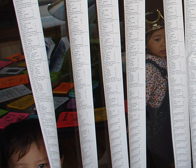 a picture of a number of Diebold AccuVote-TS results tapes taped to a pane of glass and two kids looking at the photographer through the glass