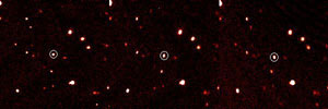an image showing three sub-images showing the movement of a new planet, Lila