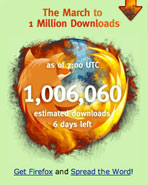 spreadfirefox screen grab showing 1,006,060 downloads as of 7:00 UTC on 20040918 with 6 days left.