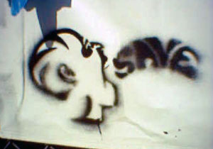 a stencil of a guy with the word save coming out of his mouth